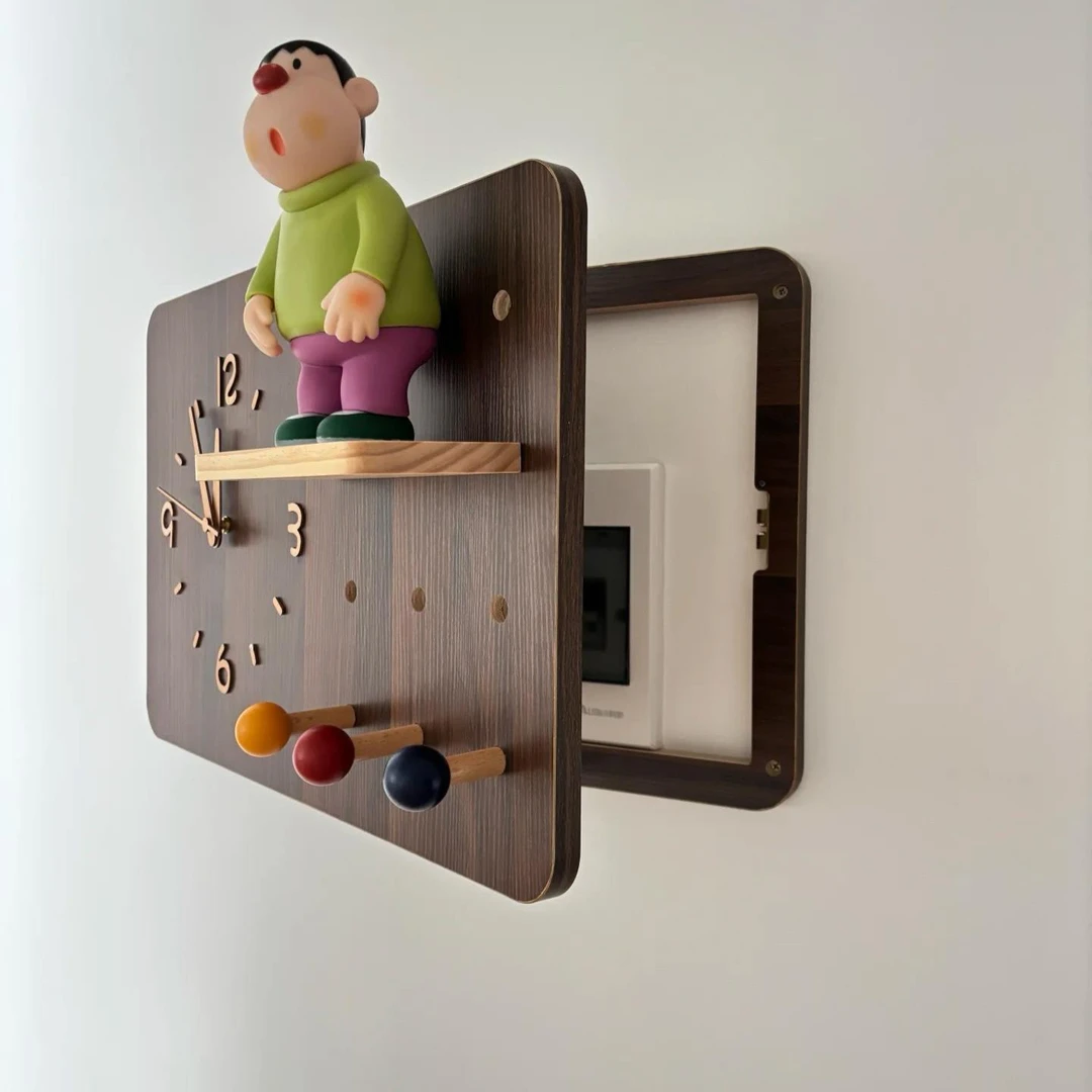 中古风洞洞板电表箱装饰画 画带钟表遮挡时钟配电箱盖板画 画挂钟