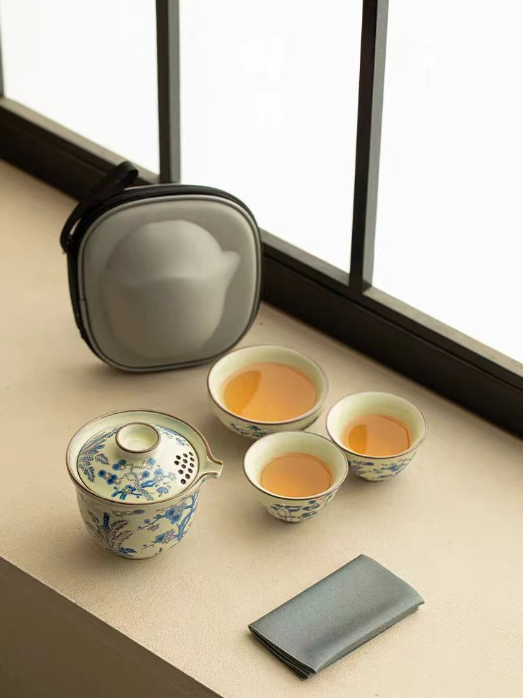 仿宋汝窑岁寒三友车载户外便携式旅行快客杯中式茶具陶瓷泡茶杯
