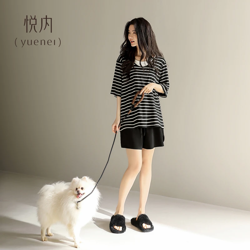 悦内带胸垫睡衣女夏季夏天夏款纯棉短袖短裤家居服经典条纹假两件