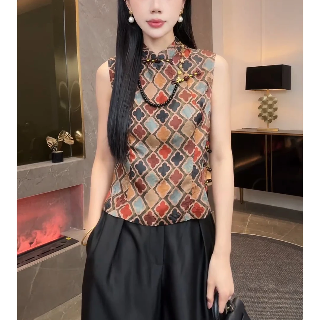 小个子复古新中式显瘦T恤上衣2025夏季新款时尚休闲背心式小衫女
