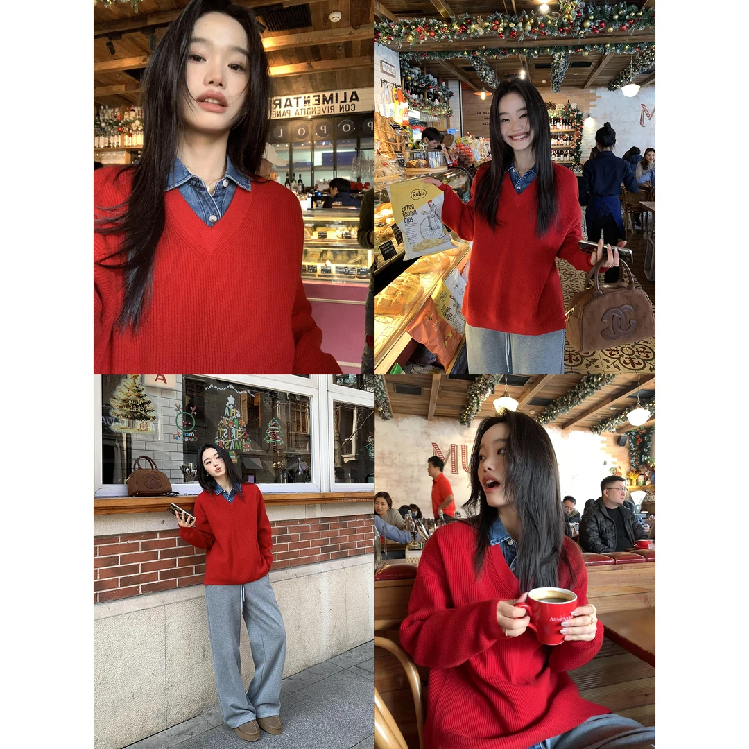 pusumede黑色100%羊毛v领毛衣宽松休闲慵懒风针织上衣PSM23290-D