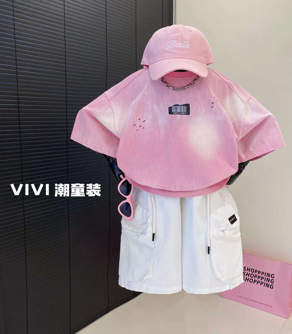 VIVI童装 2025夏季潮牌中大童扎染渐变粉色破洞印花短袖T恤