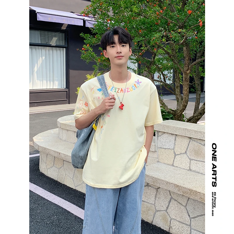 ONEARTS短袖t恤男女纯棉透气2025夏季新款日系花卉字母印花五分袖
