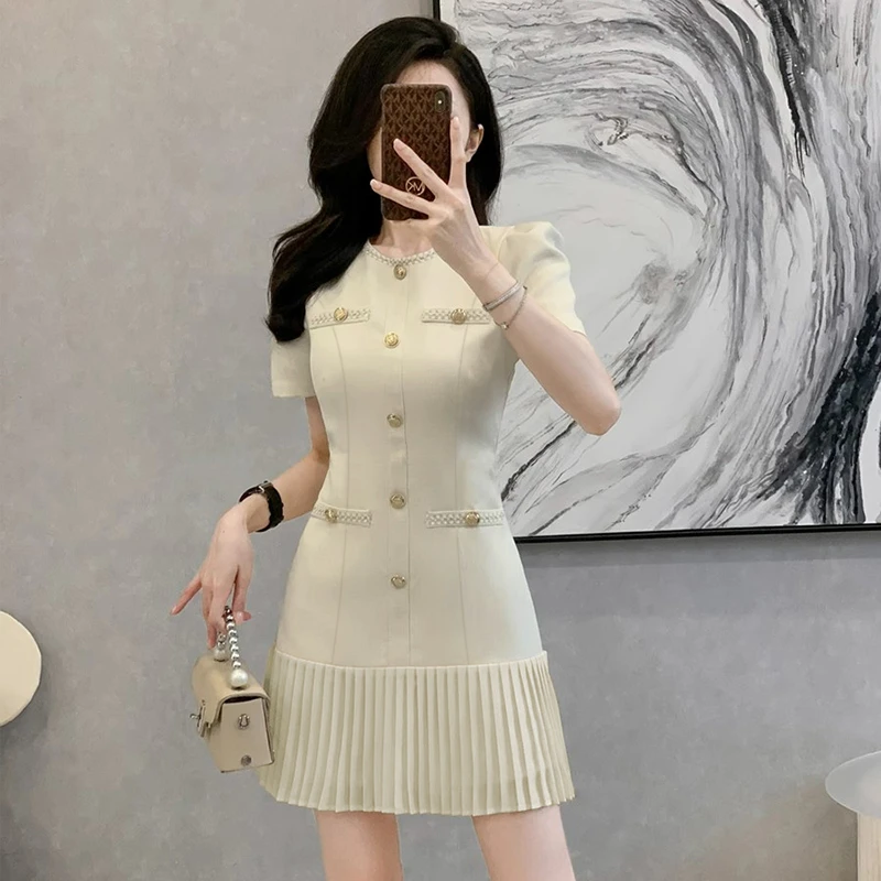 【安安】【有里布】法式女夏富家千金感轻奢气质收腰设计百褶裙D1581