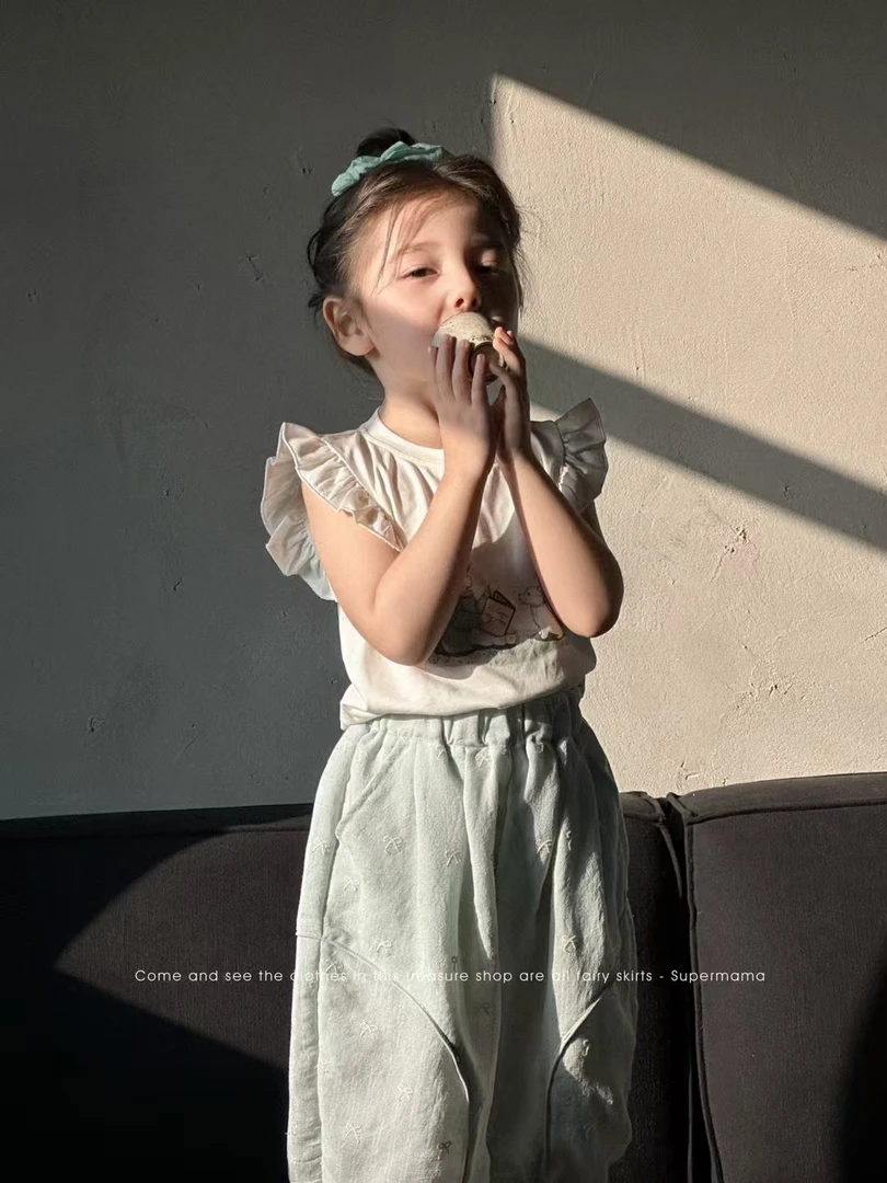 supermama 小仙女木耳边t蓝绿色蝴蝶结裤子夏季