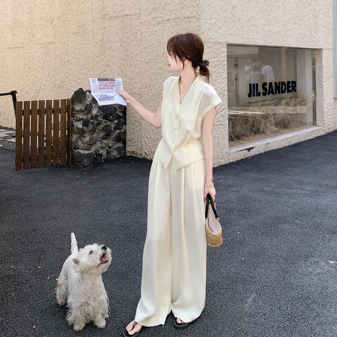 米色韩系气质马甲套装女夏季2025新款高级感无袖上衣阔腿裤两件套