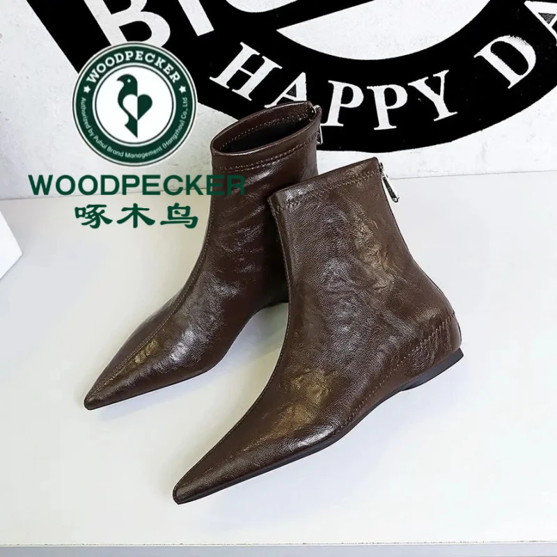 啄木鸟短靴女欧美复古尖坡跟内增高靴拉链棕色简约显瘦瘦中跟靴子
