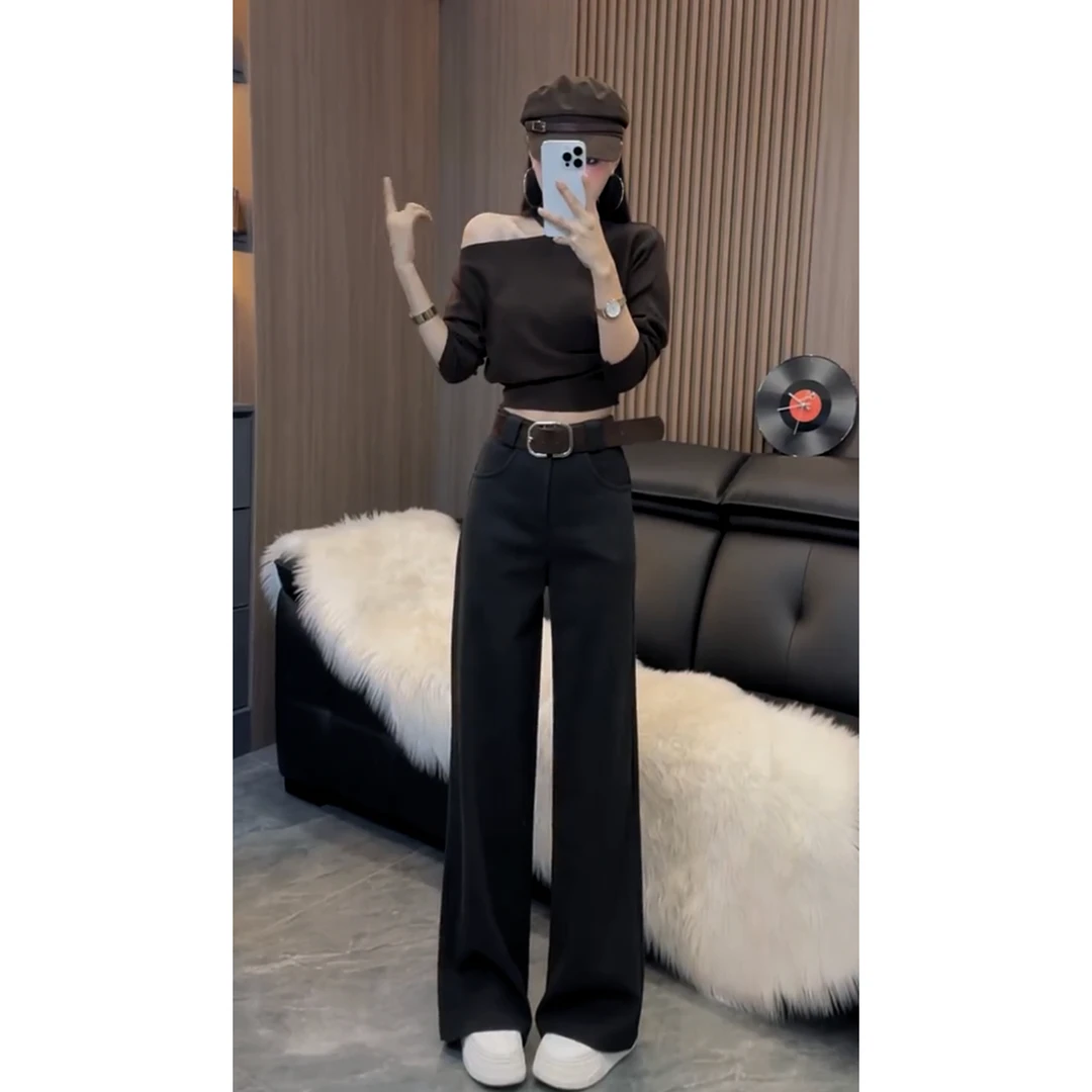 t723秋冬气质呢子高腰直筒垂坠感加长拖地净版休闲阔腿裤(带腰带)