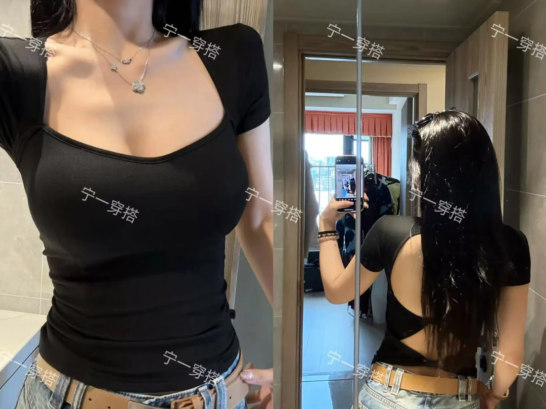 NY7027 桃心领露背交叉扭结正肩短袖T显瘦辣妹上衣宁一带胸垫内搭