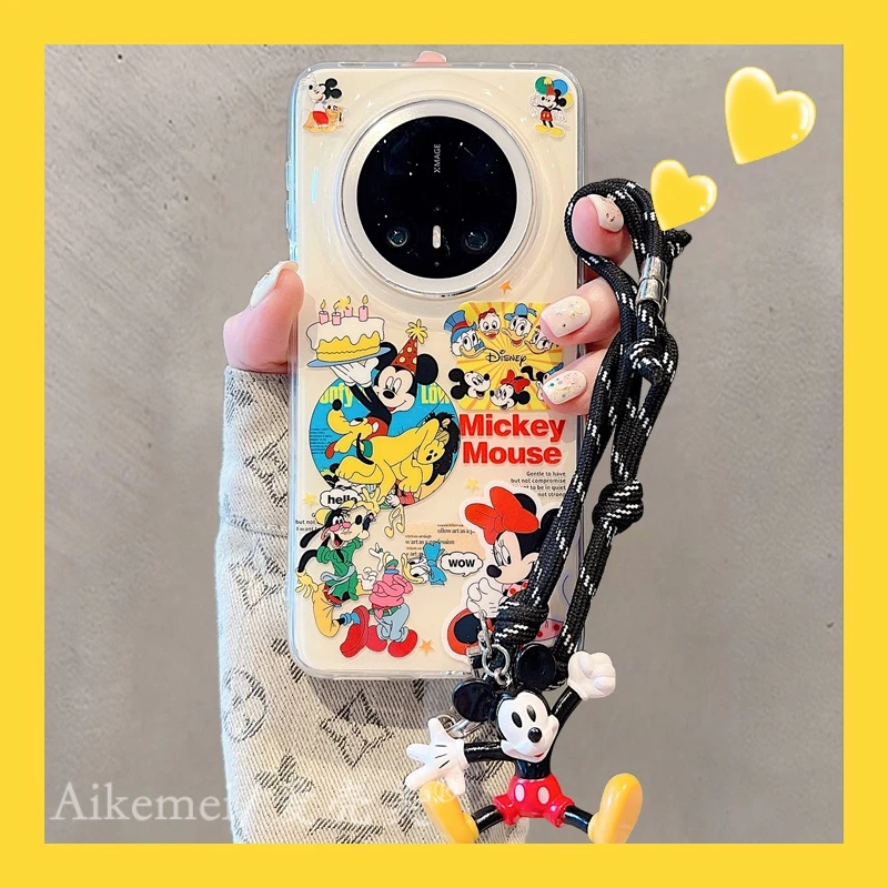 适用华为mate70pro+手机壳可爱卡通Mate60pro+米奇派对带挂件手绳