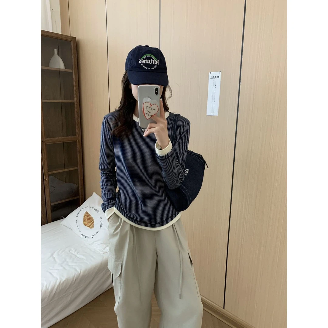 棉质鸡蛋家韩系女装条纹撞色圆领打底衫515