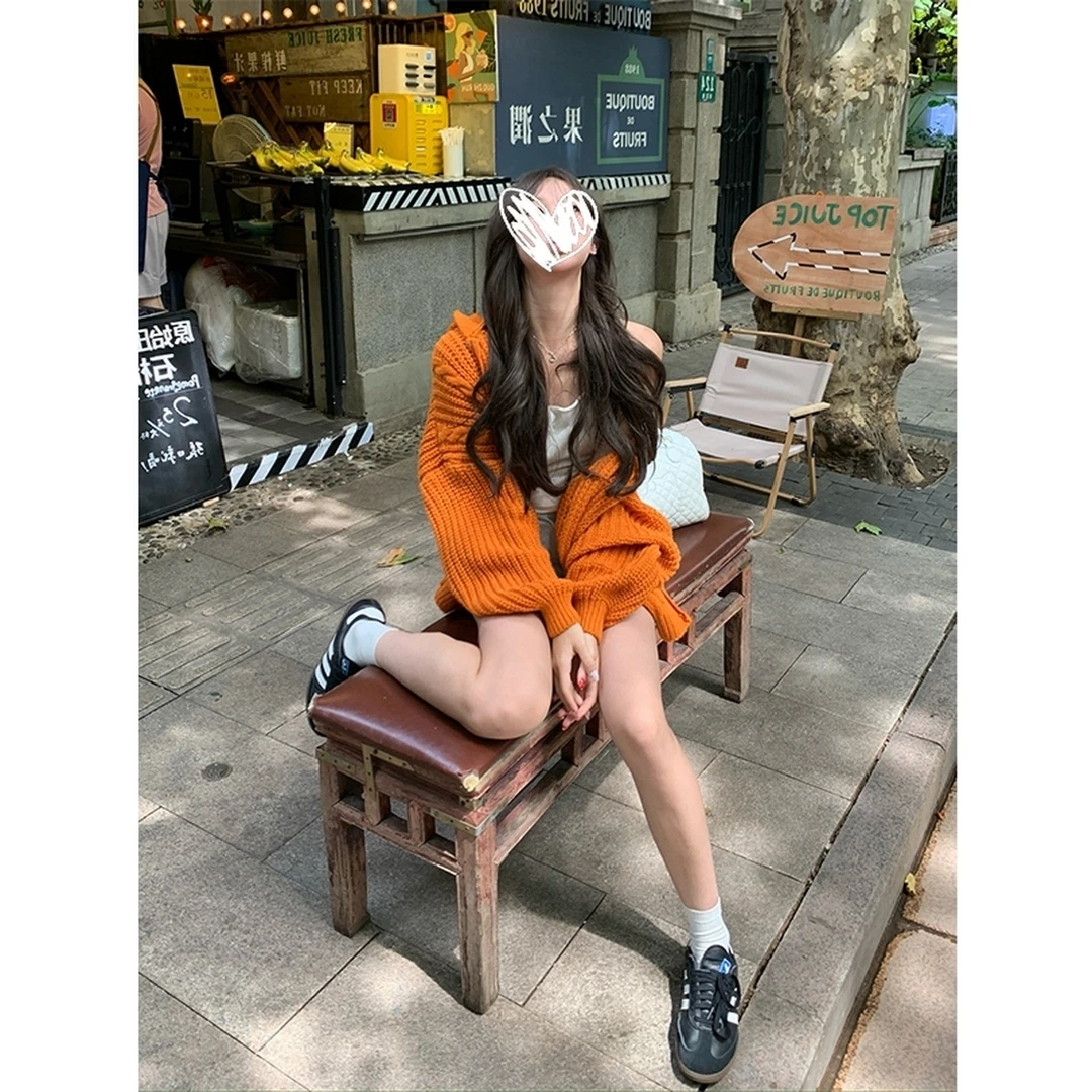 美式慵懒休闲连帽针织衫毛衣男女秋冬新款时髦多巴胺帽衫外套上衣
