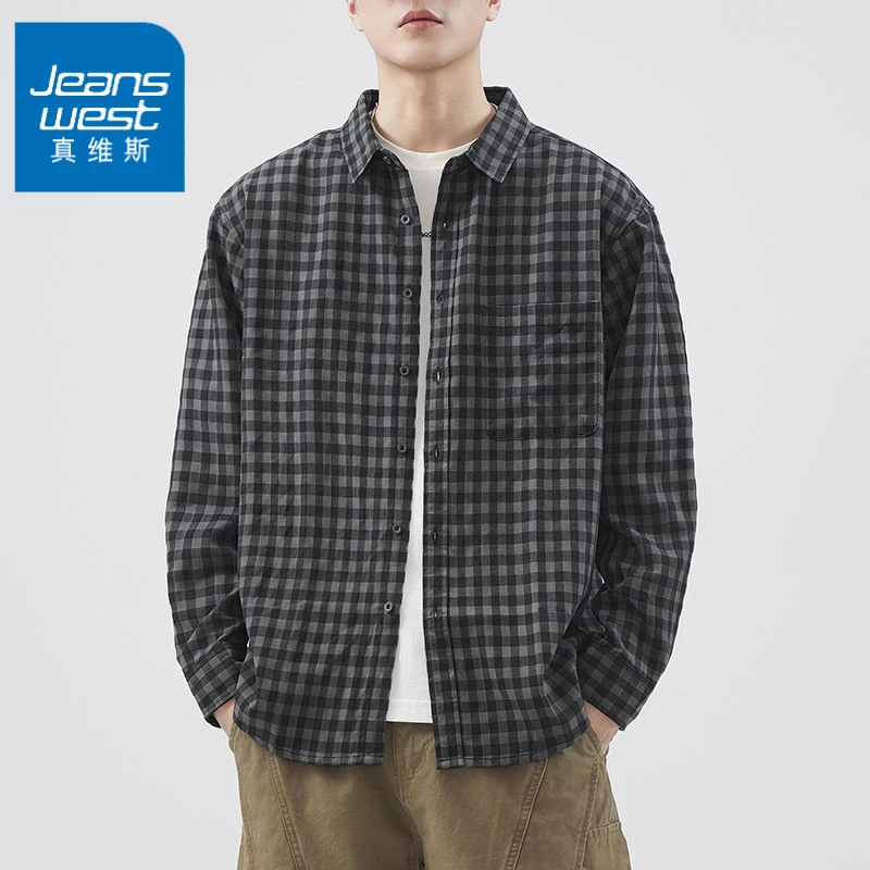 真维斯日系复古男士宽松衬衫格子休闲美式工装衬衣外套百搭潮流