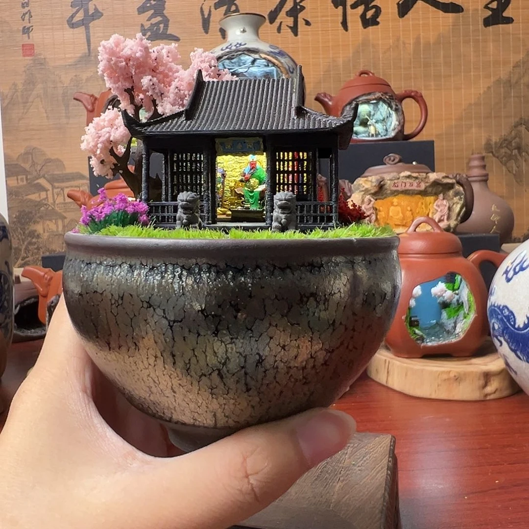 无花朵紫砂壶微景观建盏
