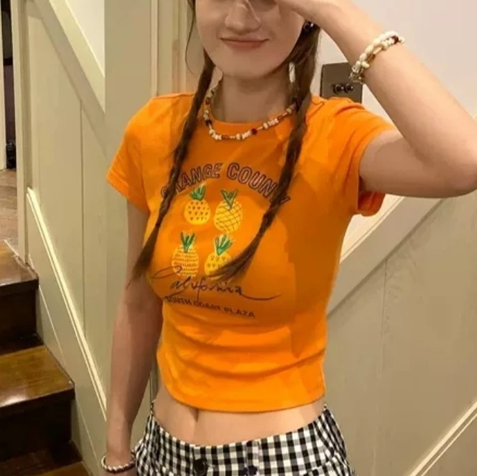 菠萝果汁 显白橘原创水果印花修身短T女纯棉夏季显瘦T恤上衣短袖