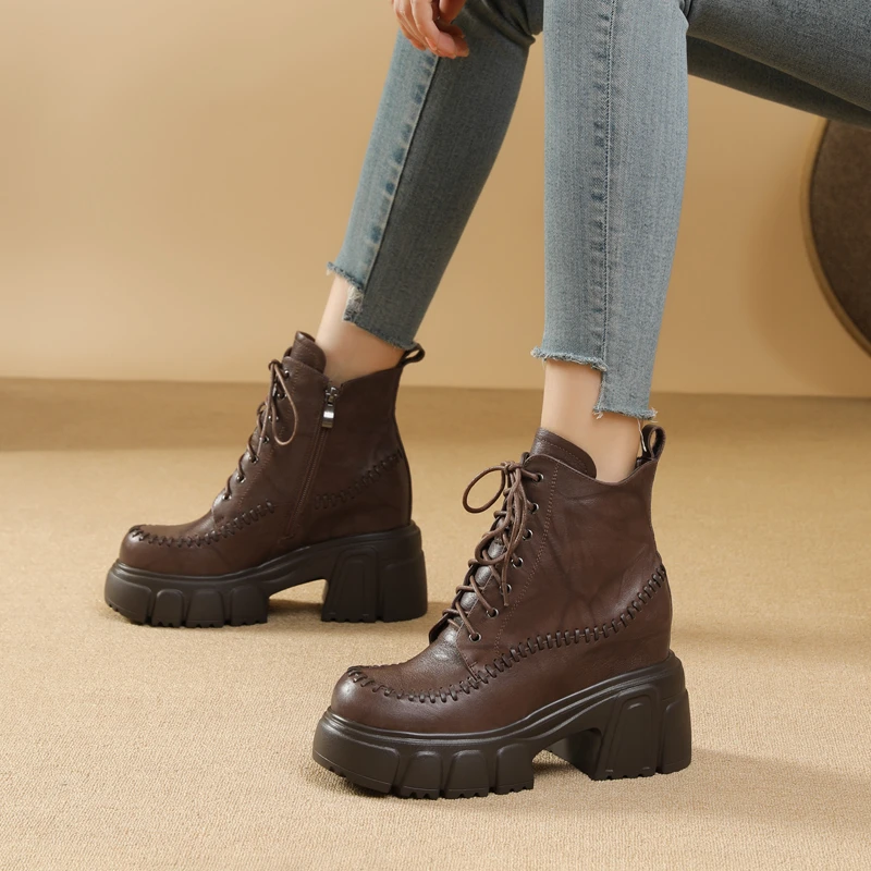 马丁靴女内增高10cm英伦风复古小个子秋冬英伦风真皮厚底高跟短靴