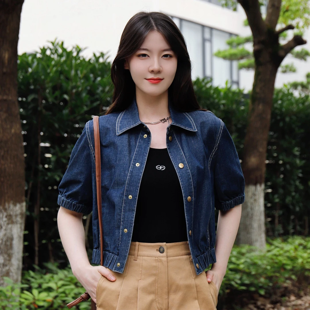 GIRDEAR/哥弟气质法式质感减龄短款短袖牛仔上衣女外套1300847