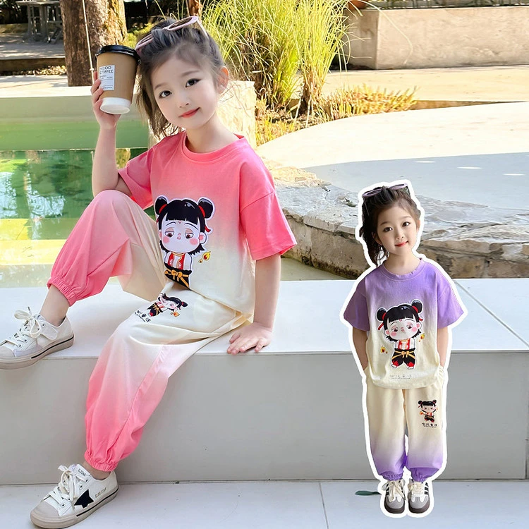 女童哪吒渐变套装夏季新款儿童女孩短袖t恤速干防蚊裤运动两件套