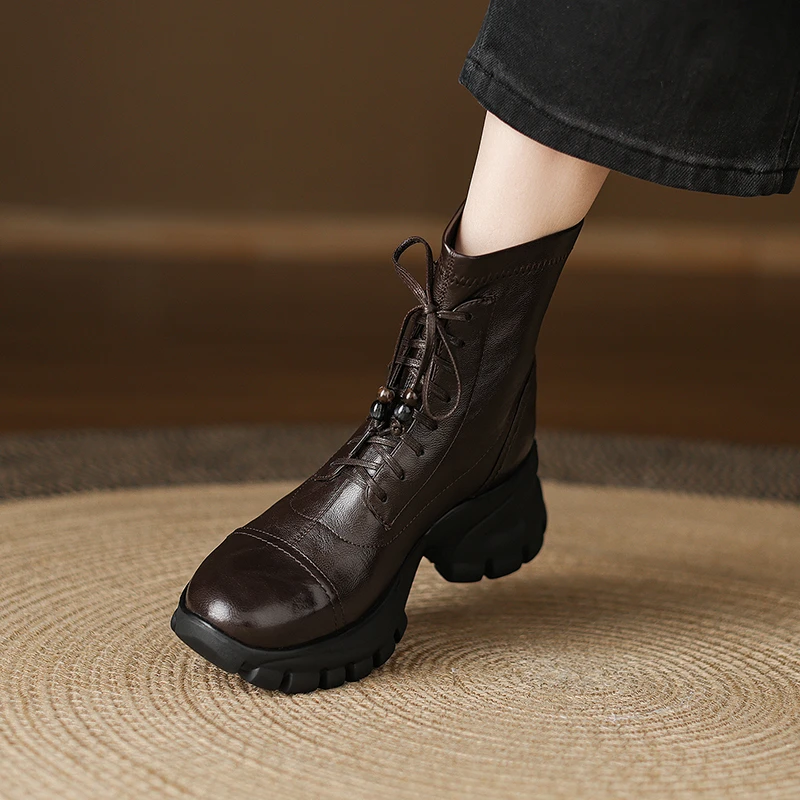 轩玥情手工女鞋6.5cm防水台厚底弹力靴百搭显瘦马丁靴高跟短靴子