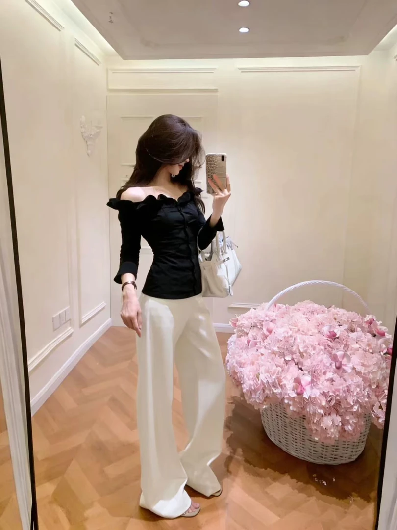 衬衫女法式小香风高级感一字肩小个子收腰上衣白色阔腿裤两件套