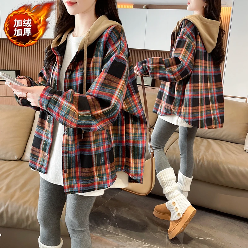 大码女装设计感格子连帽加绒卫衣女秋冬新款韩版宽松百搭加厚外套