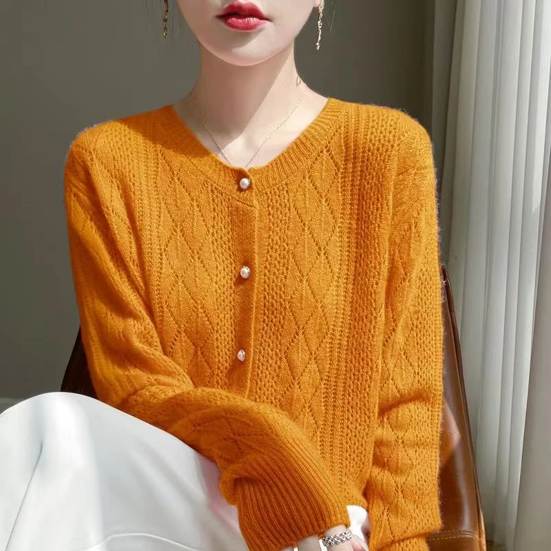 涵玖玥【100羊毛】软糯圆领镂空多色长袖开衫外套上衣Zm07-081