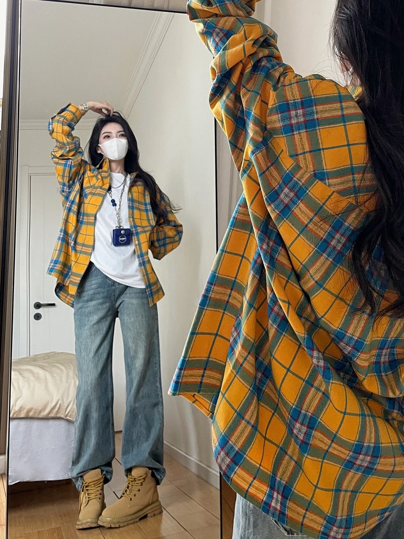 法式黄色格子衬衫衬衣外套女初秋2025年新爆款小个子长袖外搭上衣