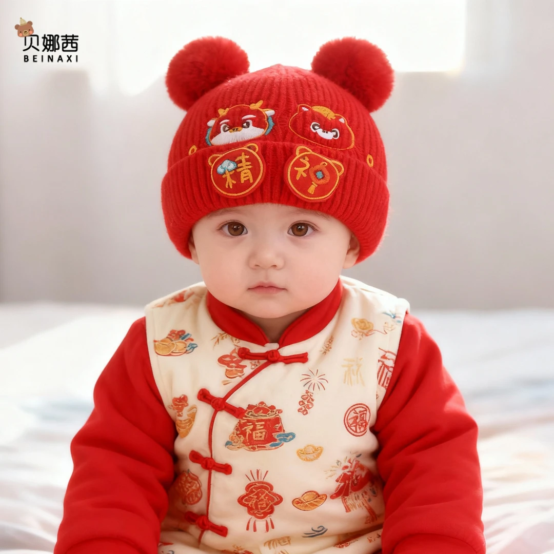 Beinaqian/贝娜茜婴儿帽子秋冬宝宝红色洋气周岁婴幼儿过年毛线帽