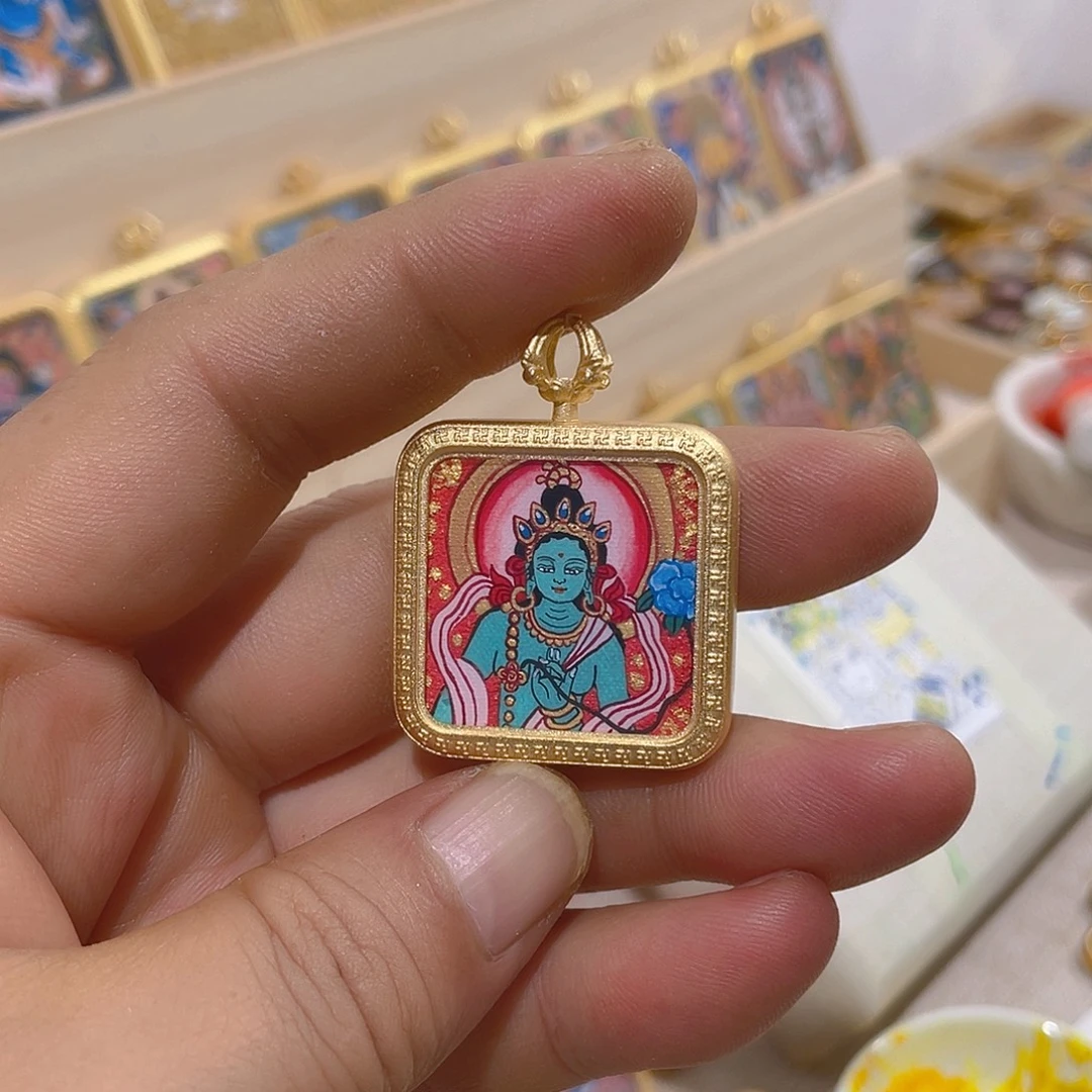 纯手绘绿度母唐卡吊坠