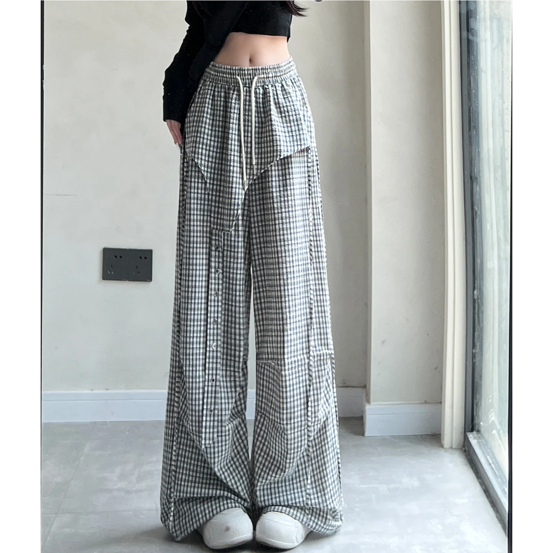 美式屁帘格子工装裤女夏季2025新款高腰显瘦百搭休闲裤宽松阔腿裤