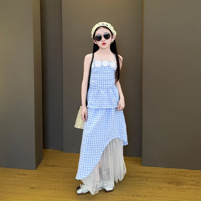 女童夏季2025新款女中大童韩系吊带半身格子裙儿童慵懒风裙子套装