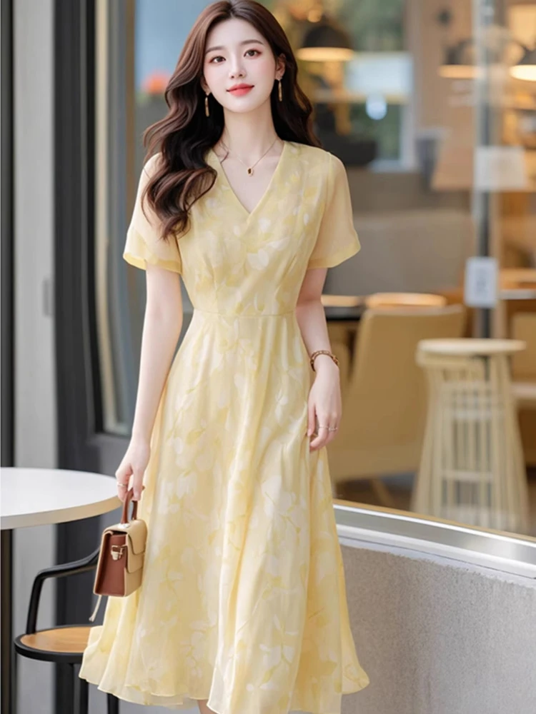 法式气质高端女神范高级感黄色印花短袖连衣裙女2025夏季新款裙子