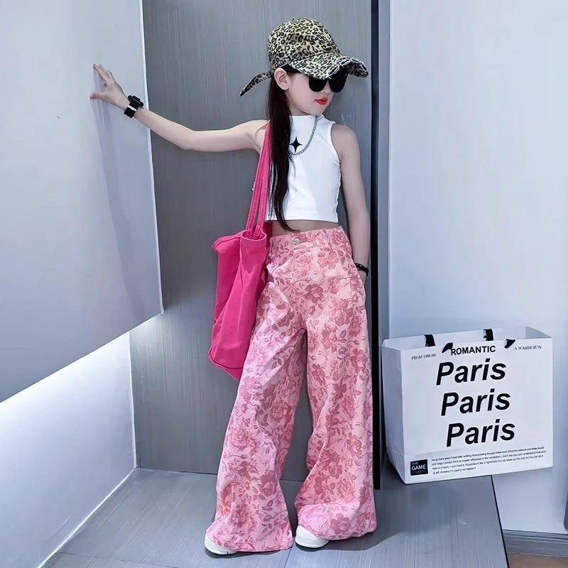 2025年春夏新款慵懒风气质百搭拖地裤女童宽松阔腿裤直筒休闲裤潮