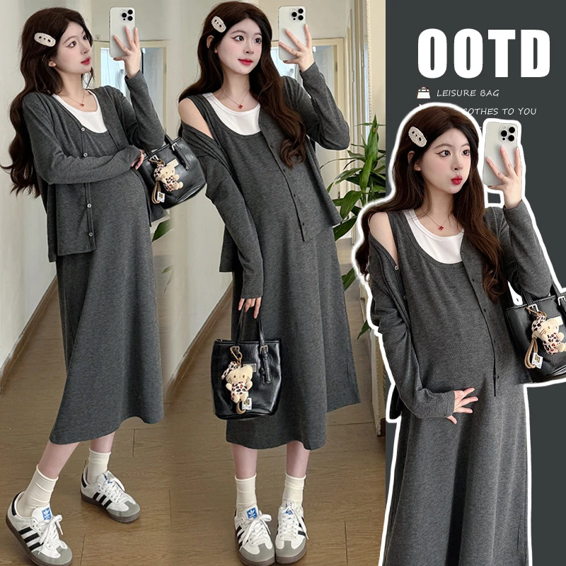 【橙子】孕妇套装春秋2025新款时尚洋气连衣裙早春孕期慵懒风两件套