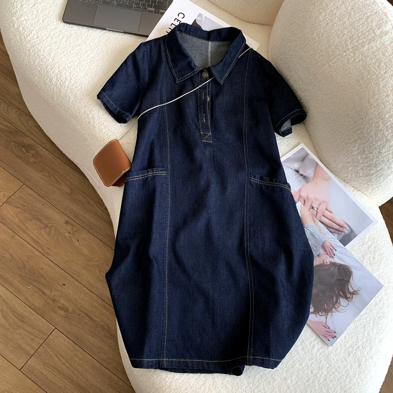 polo翻领休闲中长款牛仔短袖连衣裙女直筒A字裙小个子薄夏季2025