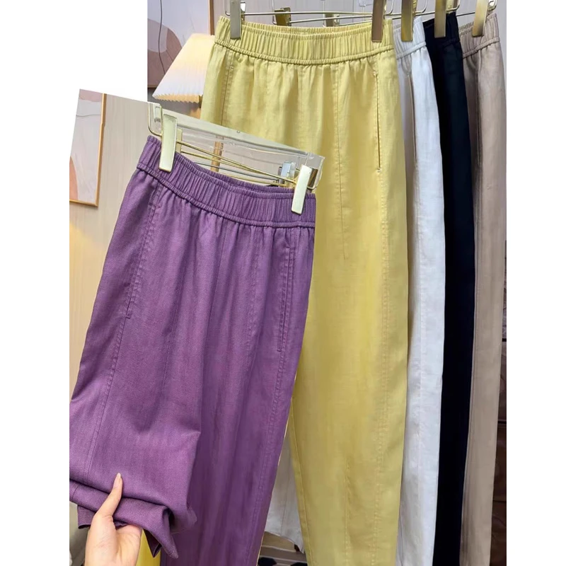 大码亚麻裤女夏季薄款2025年新款松紧高腰休闲哈伦小脚棉麻直筒裤