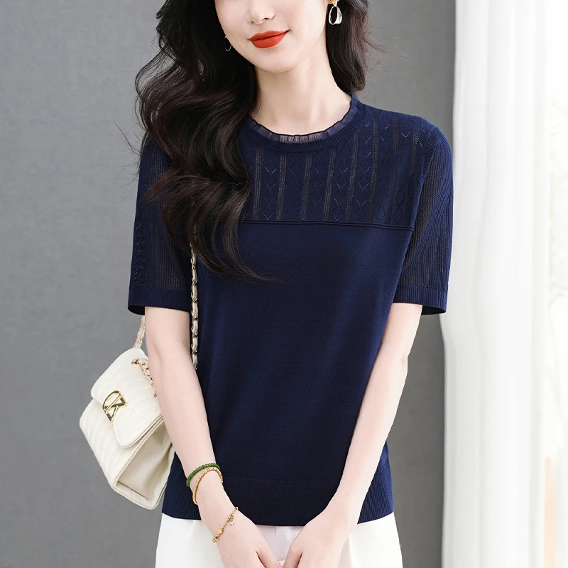 蕾丝针织打底衫女夏季薄款镂空上衣显瘦百搭宽松大码冰丝短袖T恤