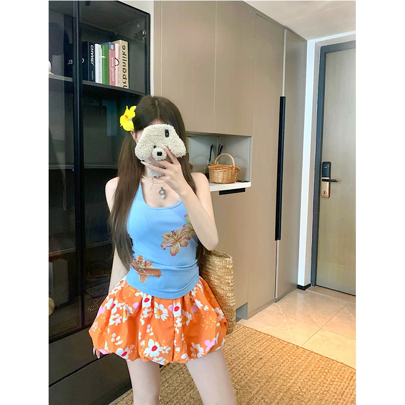 2025夏季新款美式花卉印花工字背心+甜美风碎花半身裙时尚两件套