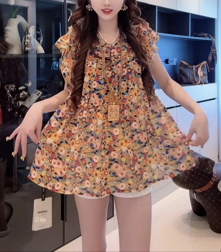 夏季新款法式碎花小飞袖宽松遮肚雪纺娃娃衫上衣