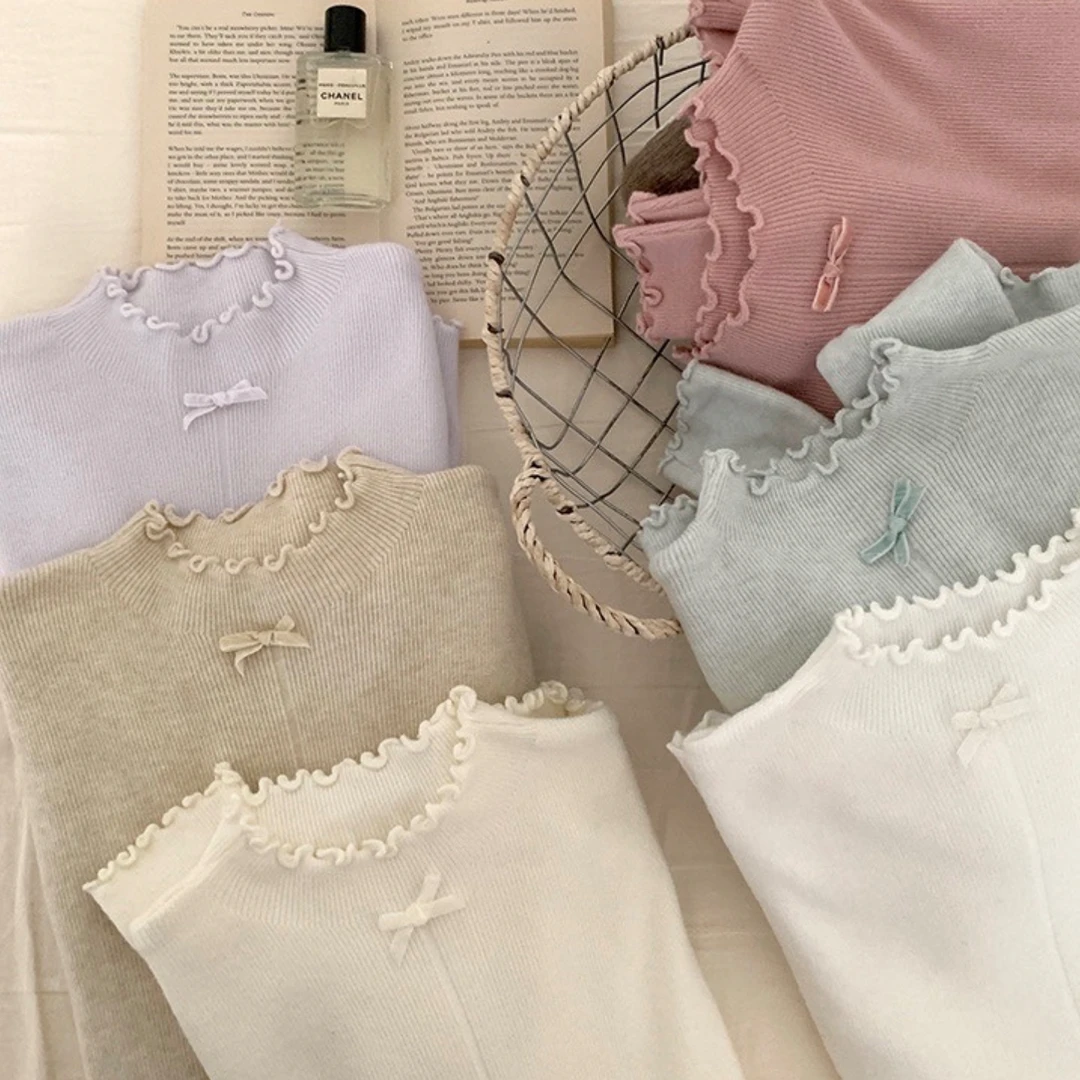 长袖法式温柔风花边木耳领针织打底衫女秋冬修身显瘦内搭纯色上衣