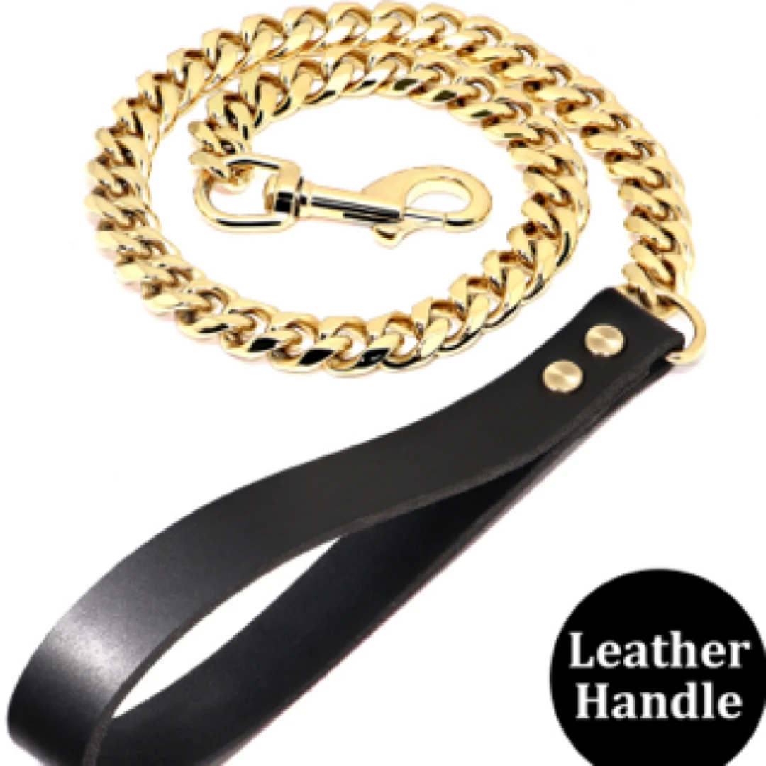 19mm六面磨不锈钢金色牵引狗链杜高杜宾罗威纳狗绳大型猛犬牵引