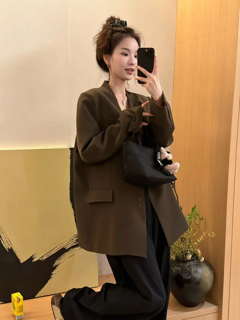 极简宽松网红无领西装外套女秋新通勤气质高级感廓形小西服上衣