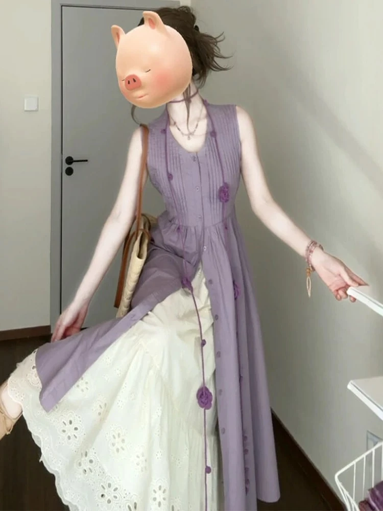 2025春夏新款甜美穿搭一整套紫色连衣裙搭配半身裙叠穿两件套装女