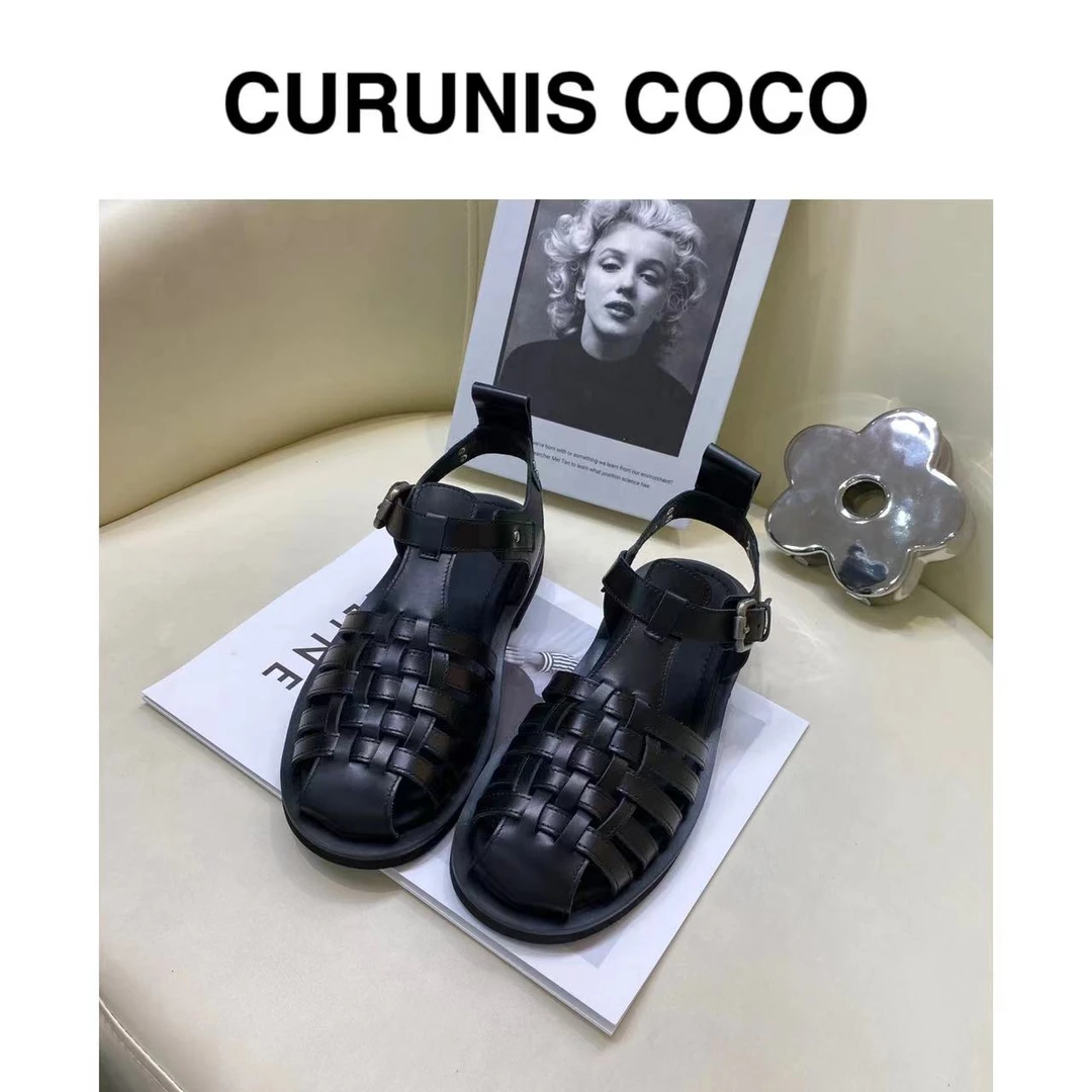 【CURUNIS COCO】舒适百搭软底包头浅口低跟松糕底罗马鞋凉鞋1066