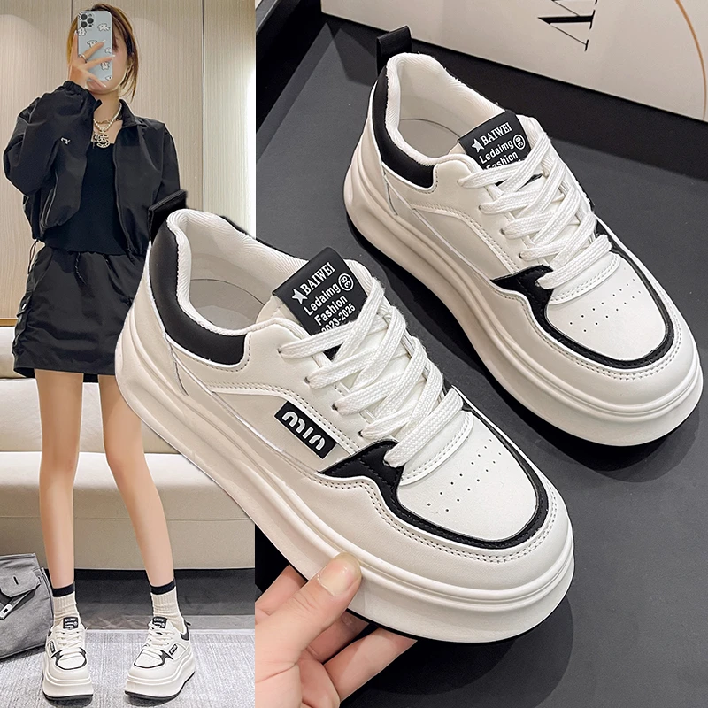 厚底皮面小白鞋女2025春季新款增高圆头系带松糕底百搭运动加板鞋