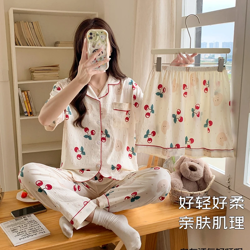 睡衣女夏季短袖短裤套装开衫三件套可外穿宽松薄款新款女士家居服