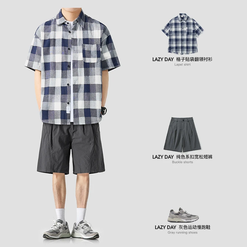 LAZY DAY原创男装日系休闲格子贴袋短袖衬衫男士夏季纯棉宽松衬衣