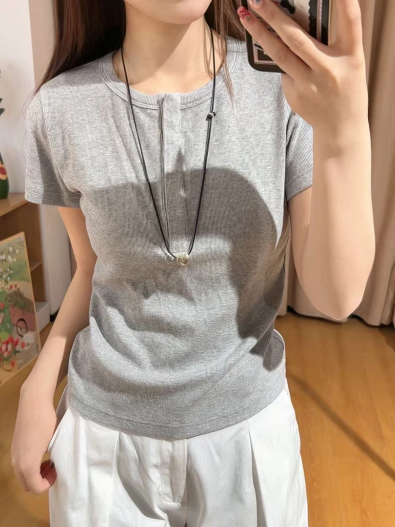 13449余小鱼【暗扣T】四色套头时尚休闲夏季圆领短袖百搭T恤女装