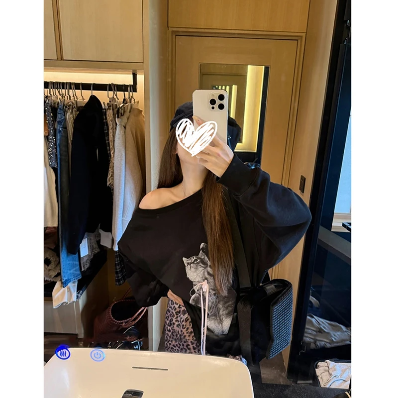 |喵喵卫衣|斜肩猫咪印花上衣美式复古粉豹纹半身裙秋季时尚套装
