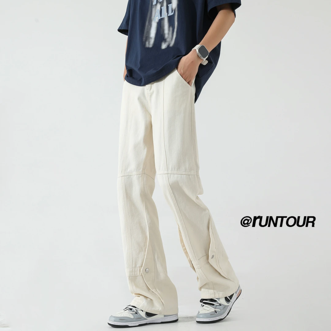 美式休闲牛仔裤cleanfit男士感微喇裤潮牌复古显瘦排扣长裤子